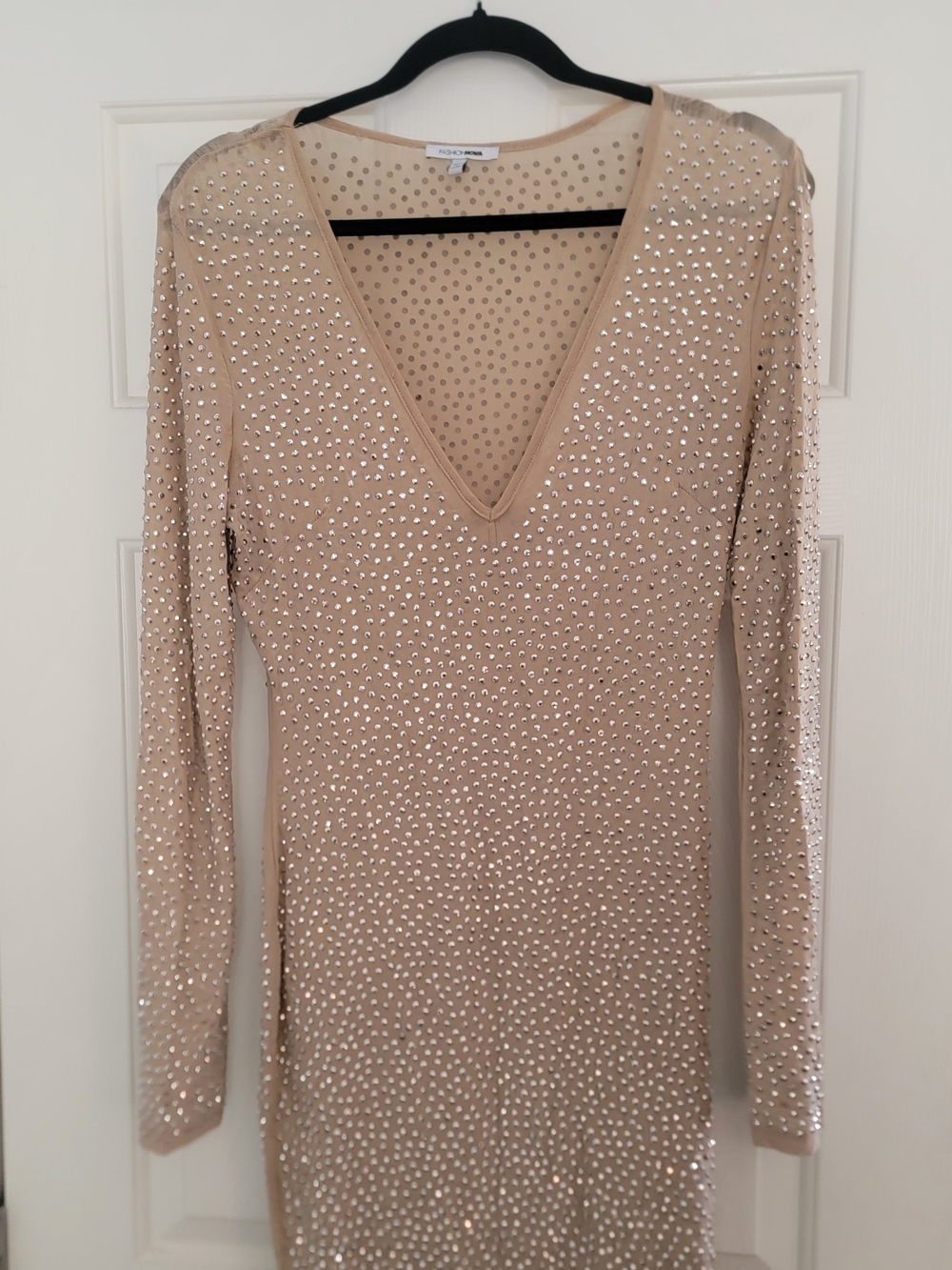 Nude Rhinestone V-Neck Long Sleeve Dress